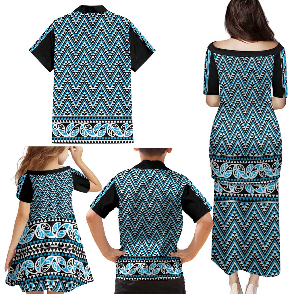 New Zealand Maori Niho Taniwha Family Matching Puletasi and Hawaiian Shirt Kikorangi Mangopare and Puhoro Pattern LT9 - Polynesian Pride
