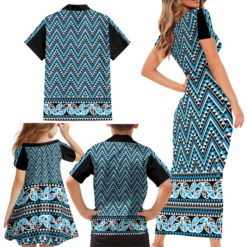 New Zealand Maori Niho Taniwha Family Matching Short Sleeve Bodycon Dress and Hawaiian Shirt Kikorangi Mangopare and Puhoro Pattern LT9 - Polynesian Pride