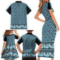New Zealand Maori Niho Taniwha Family Matching Short Sleeve Bodycon Dress and Hawaiian Shirt Kikorangi Mangopare and Puhoro Pattern LT9 - Polynesian Pride