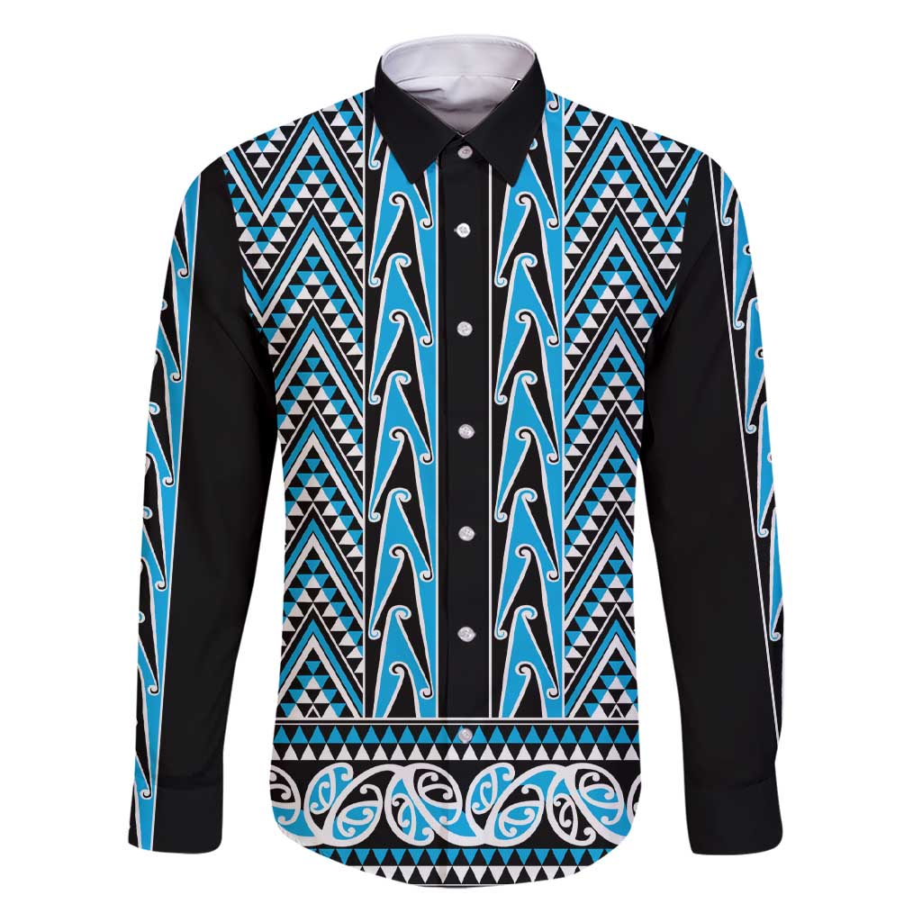 New Zealand Maori Niho Taniwha Family Matching Short Sleeve Bodycon Dress and Hawaiian Shirt Kikorangi Mangopare and Puhoro Pattern LT9 Dad's Shirt - Long Sleeve Blue - Polynesian Pride