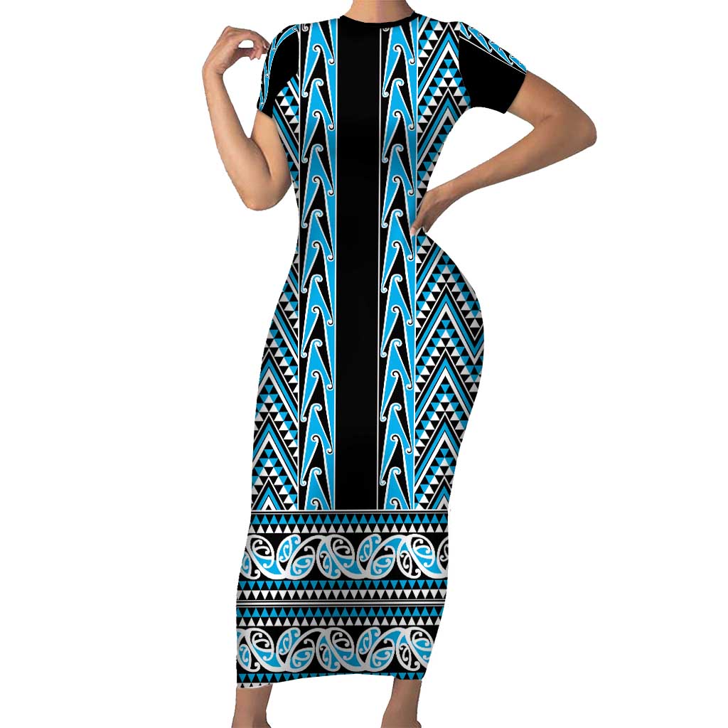 New Zealand Maori Niho Taniwha Family Matching Short Sleeve Bodycon Dress and Hawaiian Shirt Kikorangi Mangopare and Puhoro Pattern LT9 Mom's Dress Blue - Polynesian Pride