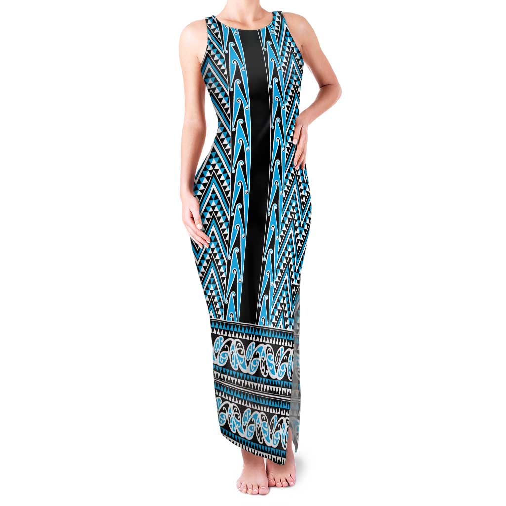 New Zealand Maori Niho Taniwha Family Matching Tank Maxi Dress and Hawaiian Shirt Kikorangi Mangopare and Puhoro Pattern LT9 Mom's Dress Blue - Polynesian Pride
