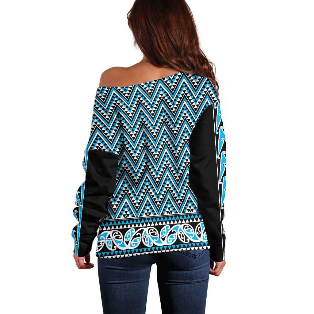 New Zealand Maori Niho Taniwha Off Shoulder Sweater Kikorangi Mangopare and Puhoro Pattern LT9 - Polynesian Pride