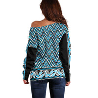 New Zealand Maori Niho Taniwha Off Shoulder Sweater Kikorangi Mangopare and Puhoro Pattern LT9 - Polynesian Pride