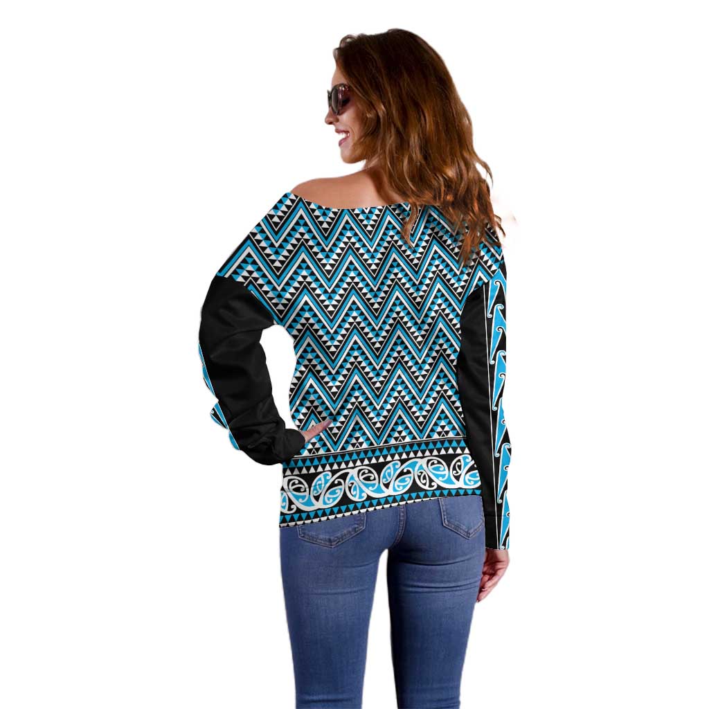 New Zealand Maori Niho Taniwha Off Shoulder Sweater Kikorangi Mangopare and Puhoro Pattern LT9 - Polynesian Pride