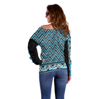 New Zealand Maori Niho Taniwha Off Shoulder Sweater Kikorangi Mangopare and Puhoro Pattern LT9 - Polynesian Pride