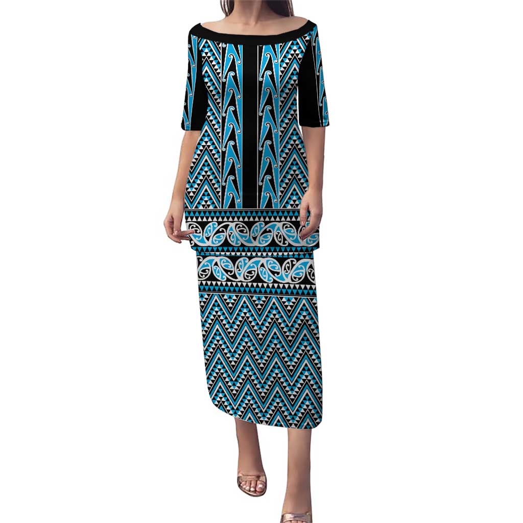 New Zealand Maori Niho Taniwha Puletasi Kikorangi Mangopare and Puhoro Pattern LT9 Long Dress Blue - Polynesian Pride