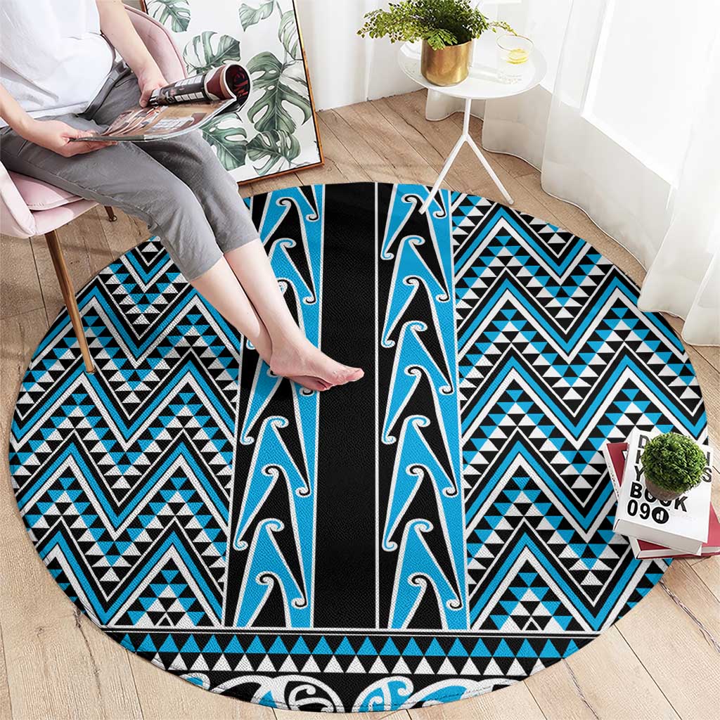 New Zealand Maori Niho Taniwha Round Carpet Kikorangi Mangopare and Puhoro Pattern