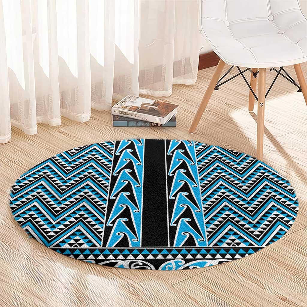 New Zealand Maori Niho Taniwha Round Carpet Kikorangi Mangopare and Puhoro Pattern