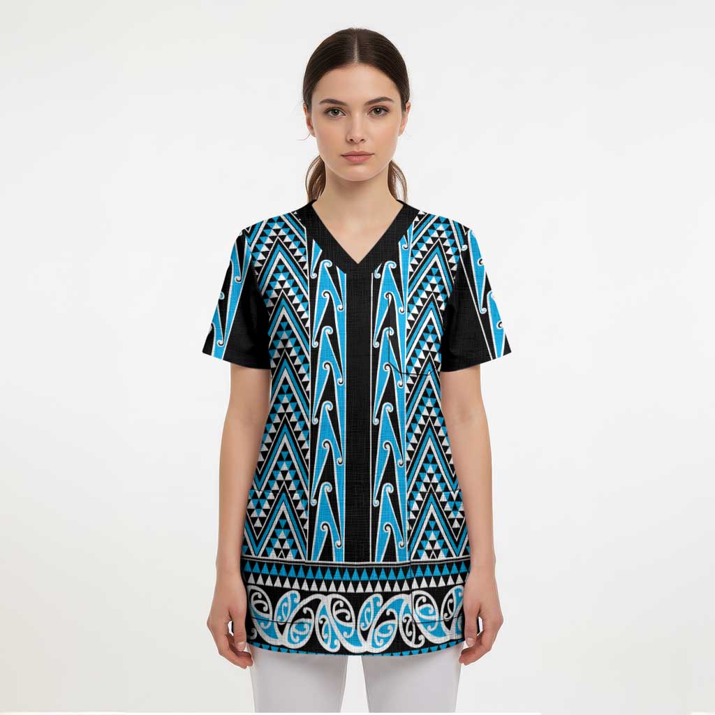 New Zealand Maori Niho Taniwha Scrub Top Kikorangi Mangopare and Puhoro Pattern - Polynesian Pride