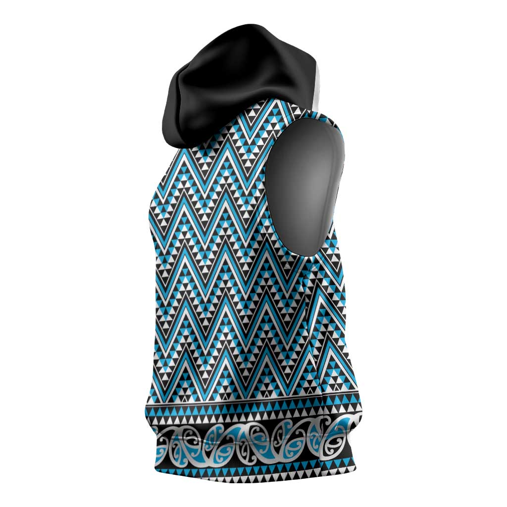 New Zealand Maori Niho Taniwha Sleeveless Hoodie Kikorangi Mangopare and Puhoro Pattern - Polynesian Pride