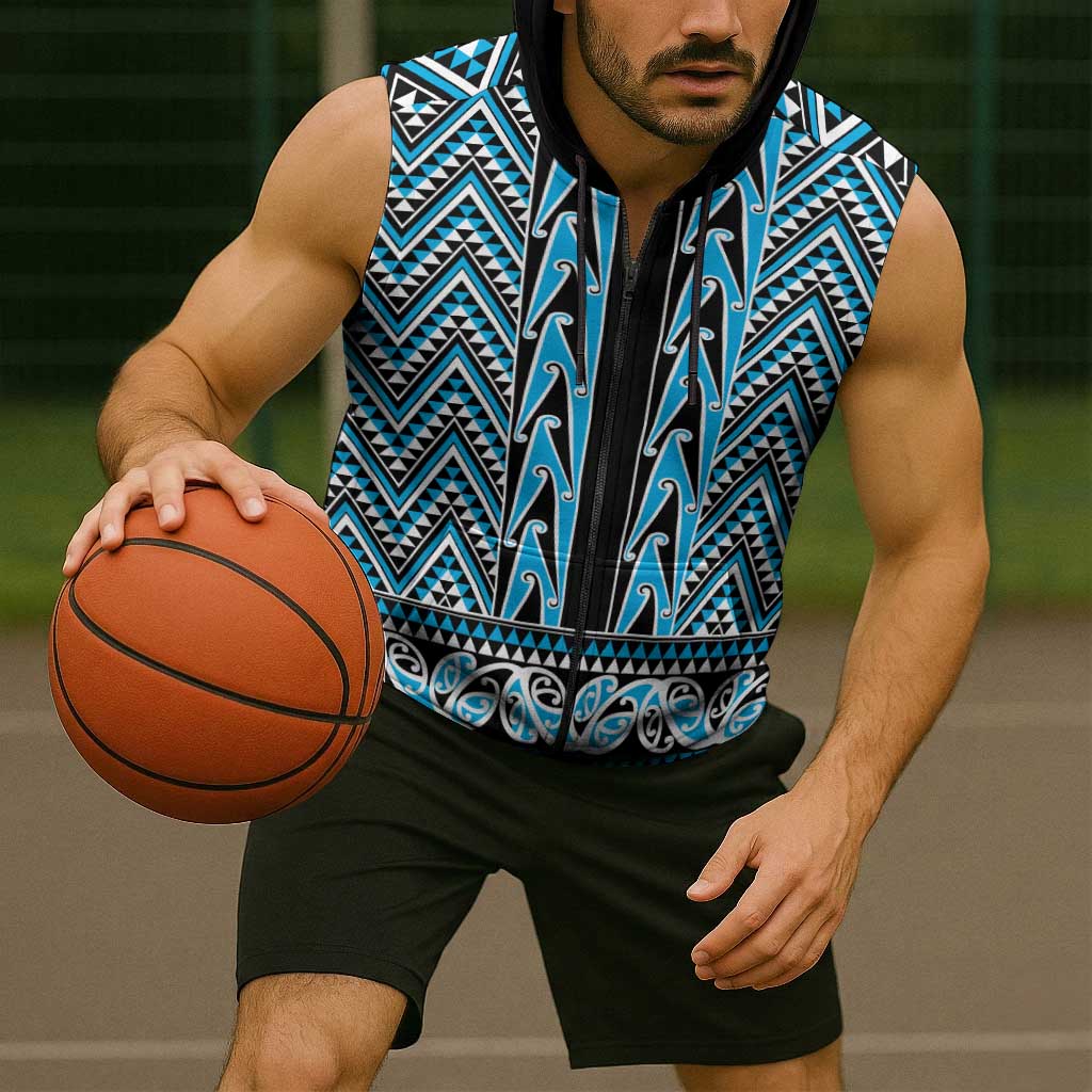 New Zealand Maori Niho Taniwha Sleeveless Zip Hoodie Kikorangi Mangopare and Puhoro Pattern - Polynesian Pride