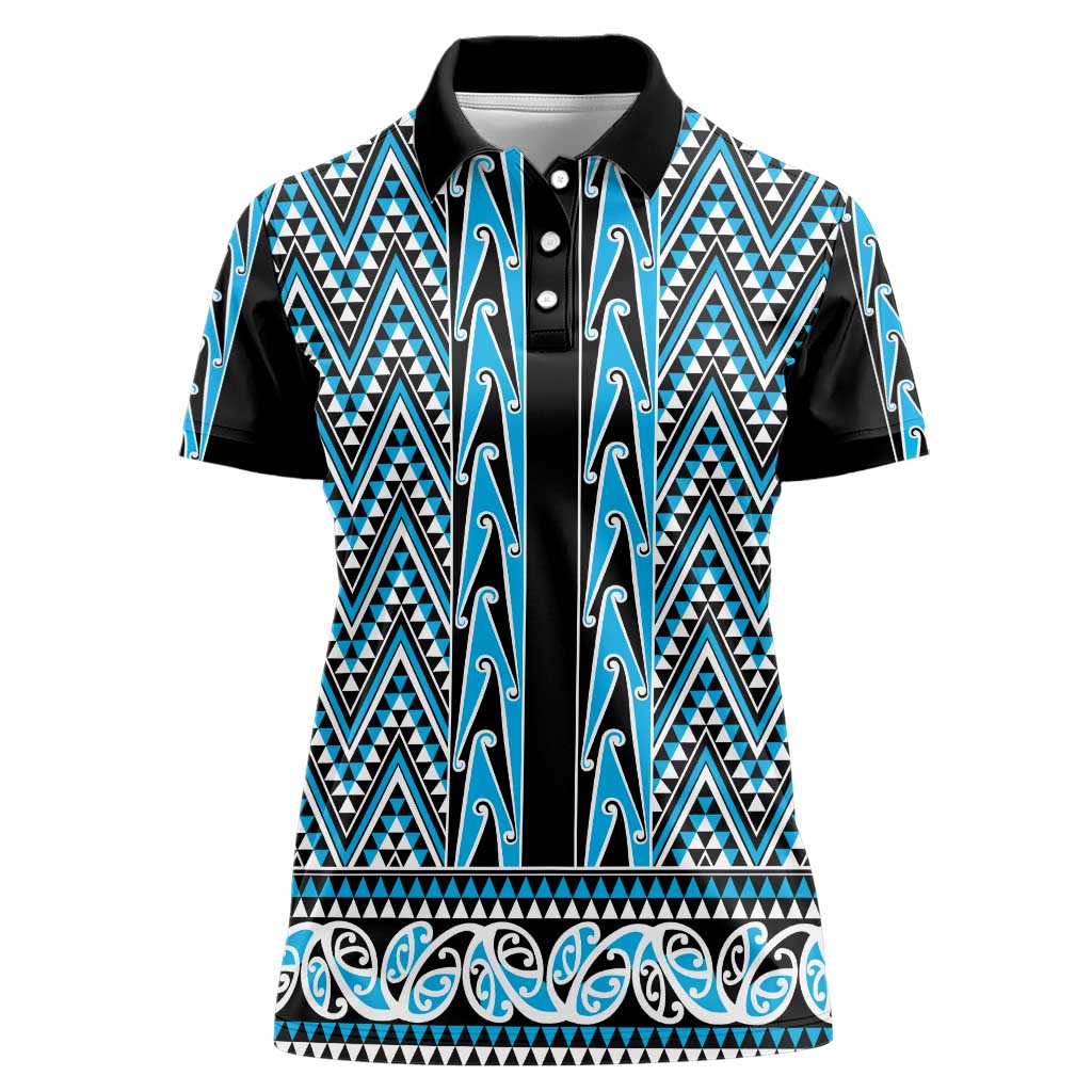 New Zealand Maori Niho Taniwha Women Polo Shirt Kikorangi Mangopare and Puhoro Pattern