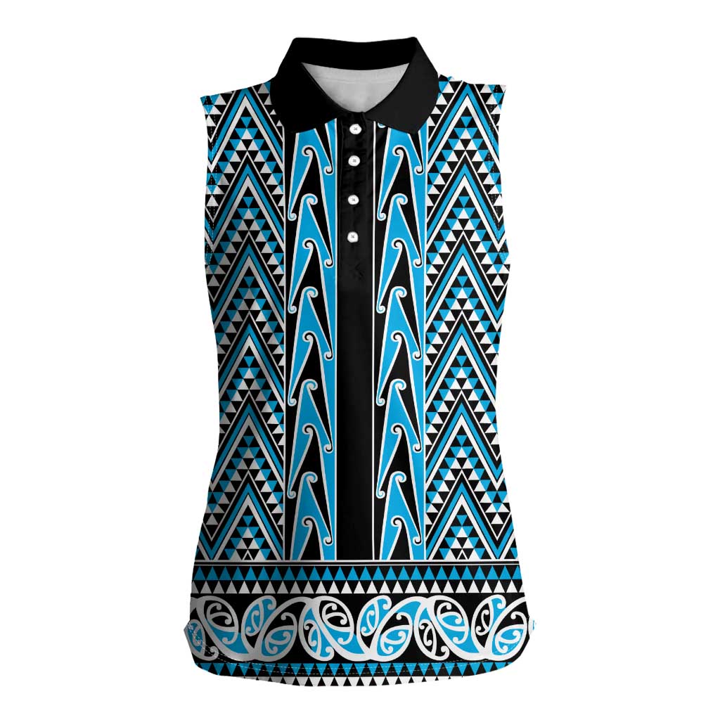 New Zealand Maori Niho Taniwha Women Sleeveless Polo Shirt Kikorangi Mangopare and Puhoro Pattern LT9 Female Blue - Polynesian Pride