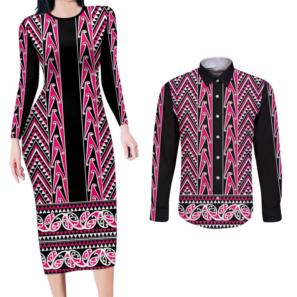 New Zealand Maori Niho Taniwha Couples Matching Long Sleeve Bodycon Dress and Long Sleeve Button Shirt Mawhero Mangopare and Puhoro Pattern LT9 Pink - Polynesian Pride
