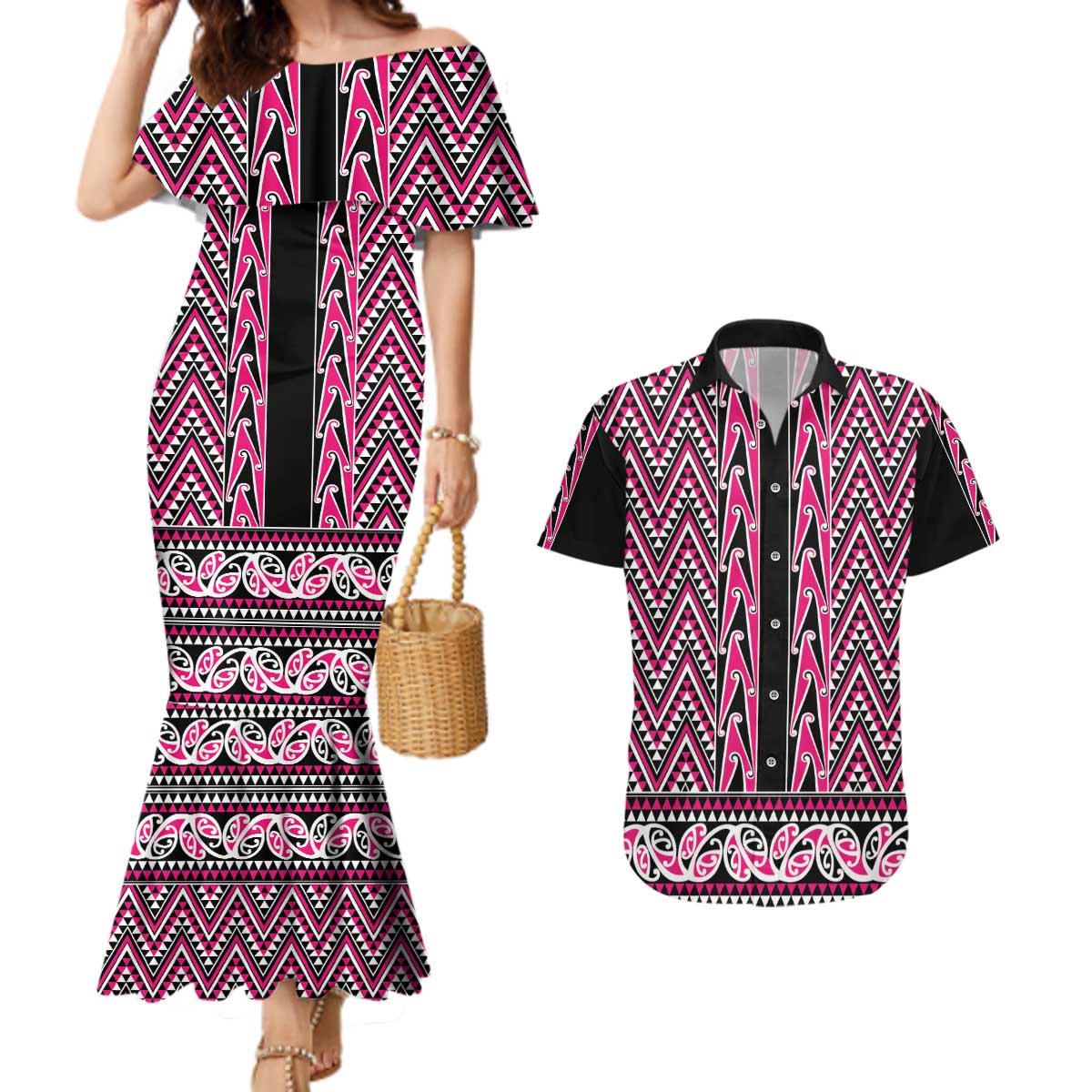 New Zealand Maori Niho Taniwha Couples Matching Mermaid Dress and Hawaiian Shirt Mawhero Mangopare and Puhoro Pattern LT9 Pink - Polynesian Pride