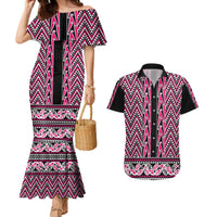 New Zealand Maori Niho Taniwha Couples Matching Mermaid Dress and Hawaiian Shirt Mawhero Mangopare and Puhoro Pattern LT9 Pink - Polynesian Pride