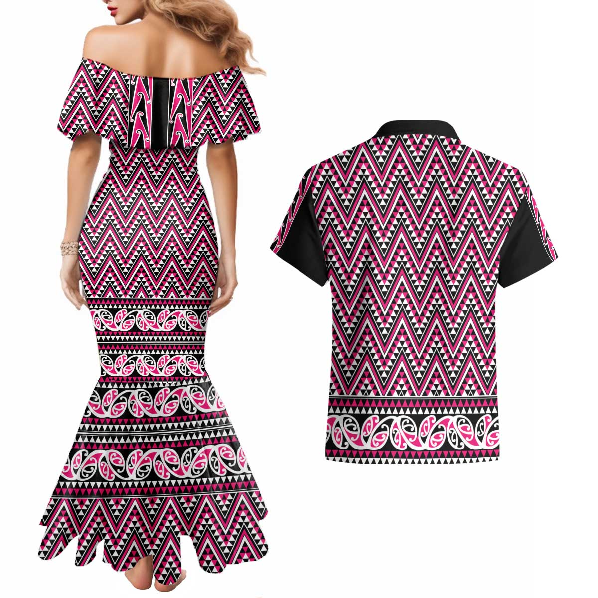 New Zealand Maori Niho Taniwha Couples Matching Mermaid Dress and Hawaiian Shirt Mawhero Mangopare and Puhoro Pattern LT9 - Polynesian Pride