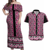 New Zealand Maori Niho Taniwha Couples Matching Off Shoulder Maxi Dress and Hawaiian Shirt Mawhero Mangopare and Puhoro Pattern LT9 Pink - Polynesian Pride