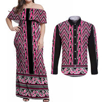 New Zealand Maori Niho Taniwha Couples Matching Off Shoulder Maxi Dress and Long Sleeve Button Shirt Mawhero Mangopare and Puhoro Pattern