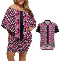 New Zealand Maori Niho Taniwha Couples Matching Off Shoulder Short Dress and Hawaiian Shirt Mawhero Mangopare and Puhoro Pattern LT9 Pink - Polynesian Pride