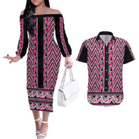 New Zealand Maori Niho Taniwha Couples Matching Off The Shoulder Long Sleeve Dress and Hawaiian Shirt Mawhero Mangopare and Puhoro Pattern LT9 Pink - Polynesian Pride