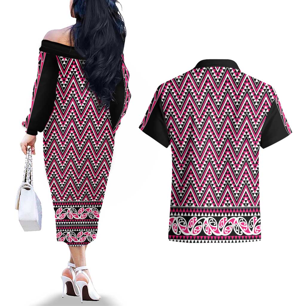 New Zealand Maori Niho Taniwha Couples Matching Off The Shoulder Long Sleeve Dress and Hawaiian Shirt Mawhero Mangopare and Puhoro Pattern LT9 - Polynesian Pride