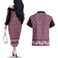 New Zealand Maori Niho Taniwha Couples Matching Off The Shoulder Long Sleeve Dress and Hawaiian Shirt Mawhero Mangopare and Puhoro Pattern LT9 - Polynesian Pride