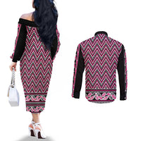 New Zealand Maori Niho Taniwha Couples Matching Off The Shoulder Long Sleeve Dress and Long Sleeve Button Shirt Mawhero Mangopare and Puhoro Pattern LT9 - Polynesian Pride