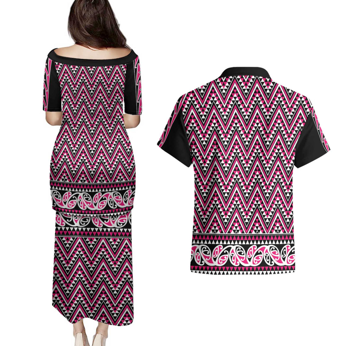 New Zealand Maori Niho Taniwha Couples Matching Puletasi and Hawaiian Shirt Mawhero Mangopare and Puhoro Pattern