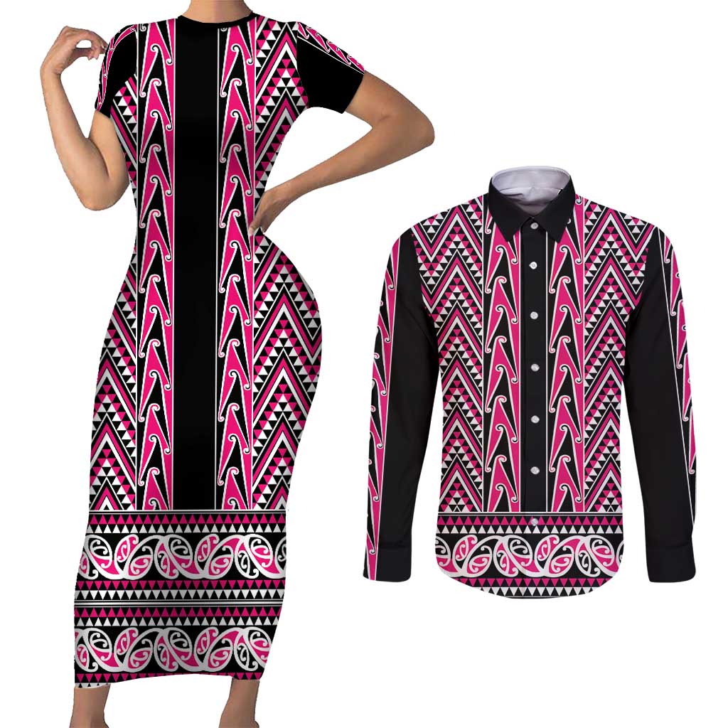 New Zealand Maori Niho Taniwha Couples Matching Short Sleeve Bodycon Dress and Long Sleeve Button Shirt Mawhero Mangopare and Puhoro Pattern LT9 Pink - Polynesian Pride