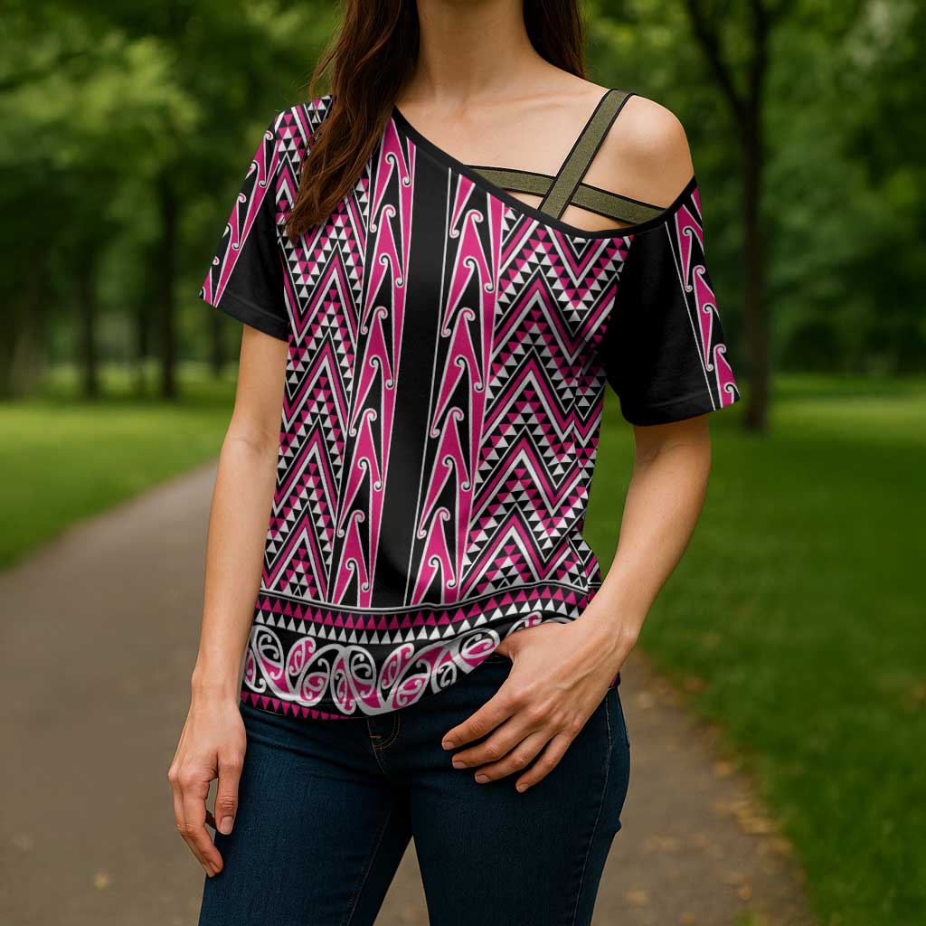 New Zealand Maori Niho Taniwha Cross Shoulder Shirt Mawhero Mangopare and Puhoro Pattern - Polynesian Pride
