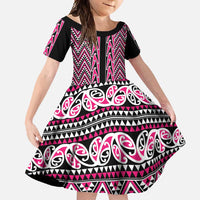 New Zealand Maori Niho Taniwha Family Matching Long Sleeve Bodycon Dress and Hawaiian Shirt Mawhero Mangopare and Puhoro Pattern LT9 Daughter's Dress Pink - Polynesian Pride