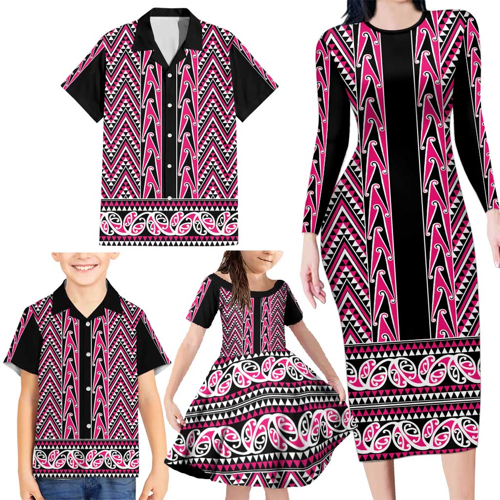 New Zealand Maori Niho Taniwha Family Matching Long Sleeve Bodycon Dress and Hawaiian Shirt Mawhero Mangopare and Puhoro Pattern LT9 - Polynesian Pride