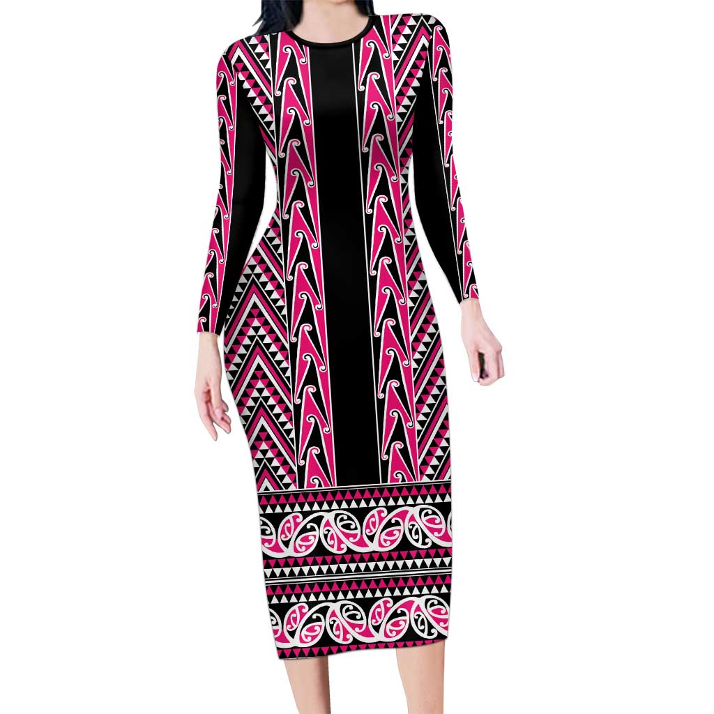New Zealand Maori Niho Taniwha Family Matching Long Sleeve Bodycon Dress and Hawaiian Shirt Mawhero Mangopare and Puhoro Pattern LT9 Mom's Dress Pink - Polynesian Pride