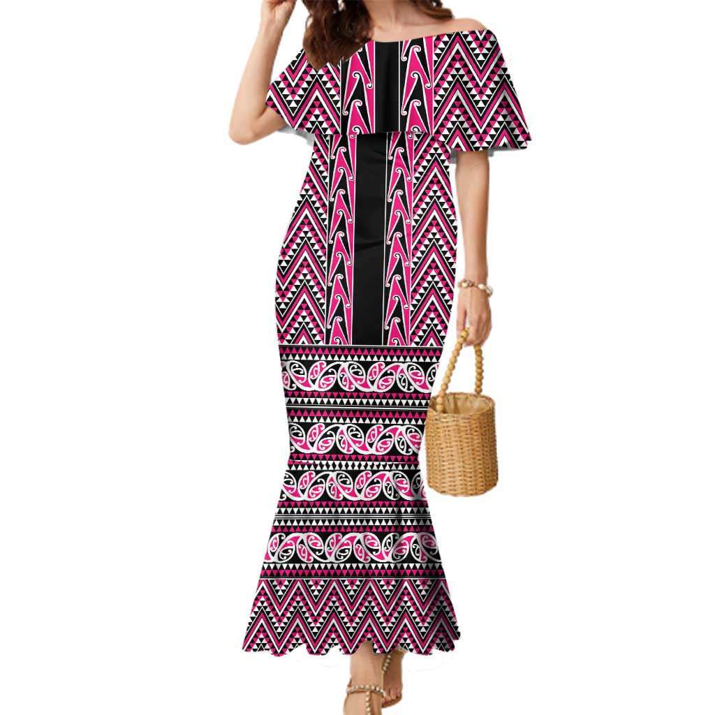 New Zealand Maori Niho Taniwha Family Matching Mermaid Dress and Hawaiian Shirt Mawhero Mangopare and Puhoro Pattern LT9 Mom's Dress Pink - Polynesian Pride