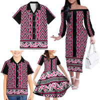 New Zealand Maori Niho Taniwha Family Matching Off The Shoulder Long Sleeve Dress and Hawaiian Shirt Mawhero Mangopare and Puhoro Pattern LT9 - Polynesian Pride