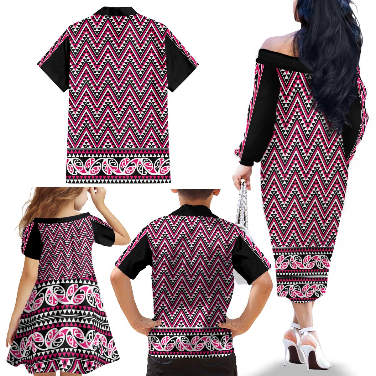 New Zealand Maori Niho Taniwha Family Matching Off The Shoulder Long Sleeve Dress and Hawaiian Shirt Mawhero Mangopare and Puhoro Pattern LT9 - Polynesian Pride