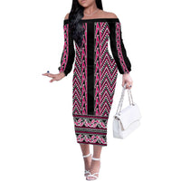 New Zealand Maori Niho Taniwha Family Matching Off The Shoulder Long Sleeve Dress and Hawaiian Shirt Mawhero Mangopare and Puhoro Pattern LT9 Mom's Dress Pink - Polynesian Pride