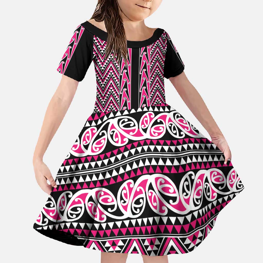 New Zealand Maori Niho Taniwha Family Matching Off Shoulder Maxi Dress and Hawaiian Shirt Mawhero Mangopare and Puhoro Pattern LT9 Daughter's Dress Pink - Polynesian Pride