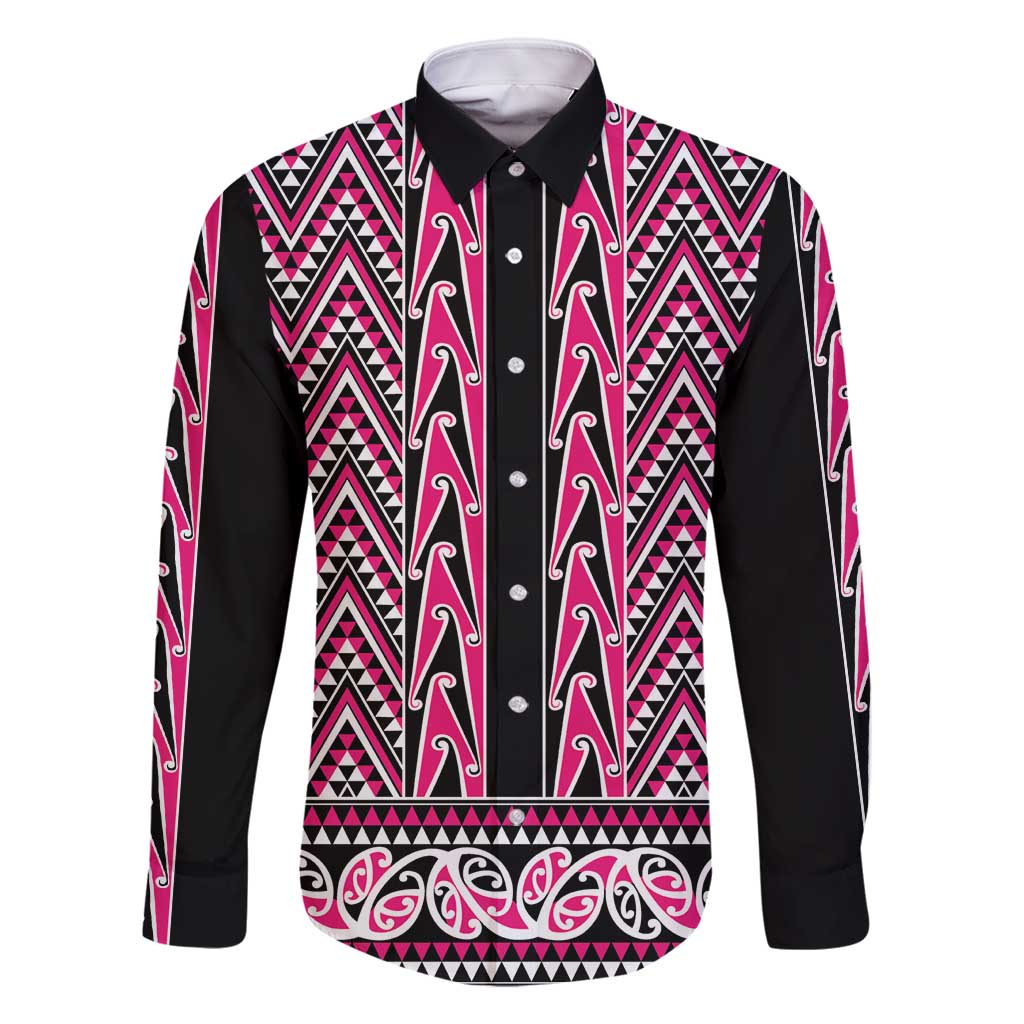 New Zealand Maori Niho Taniwha Family Matching Off Shoulder Maxi Dress and Hawaiian Shirt Mawhero Mangopare and Puhoro Pattern LT9 Dad's Shirt - Long Sleeve Pink - Polynesian Pride