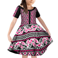 New Zealand Maori Niho Taniwha Family Matching Off Shoulder Short Dress and Hawaiian Shirt Mawhero Mangopare and Puhoro Pattern LT9 Daughter's Dress Pink - Polynesian Pride