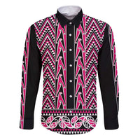 New Zealand Maori Niho Taniwha Family Matching Off Shoulder Short Dress and Hawaiian Shirt Mawhero Mangopare and Puhoro Pattern LT9 Dad's Shirt - Long Sleeve Pink - Polynesian Pride