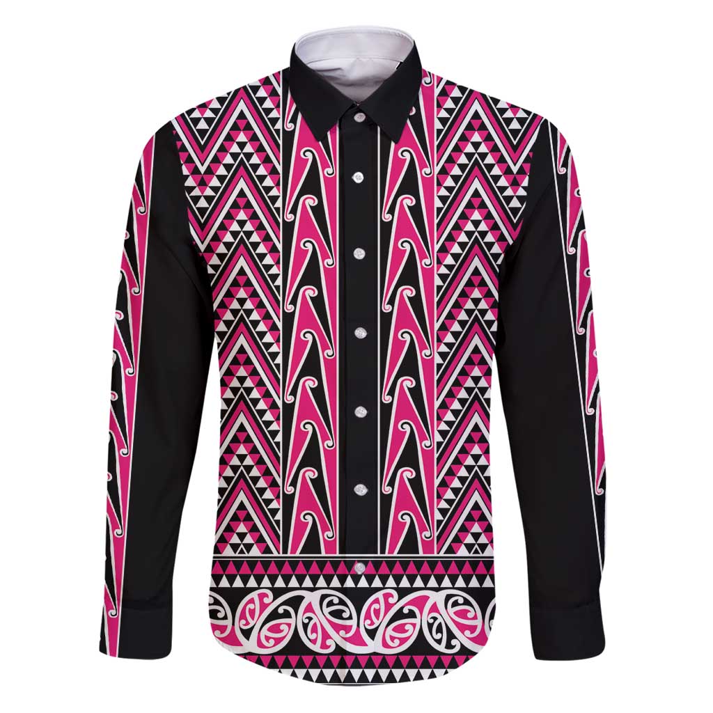 New Zealand Maori Niho Taniwha Family Matching Puletasi and Hawaiian Shirt Mawhero Mangopare and Puhoro Pattern LT9 Dad's Shirt - Long Sleeve Pink - Polynesian Pride
