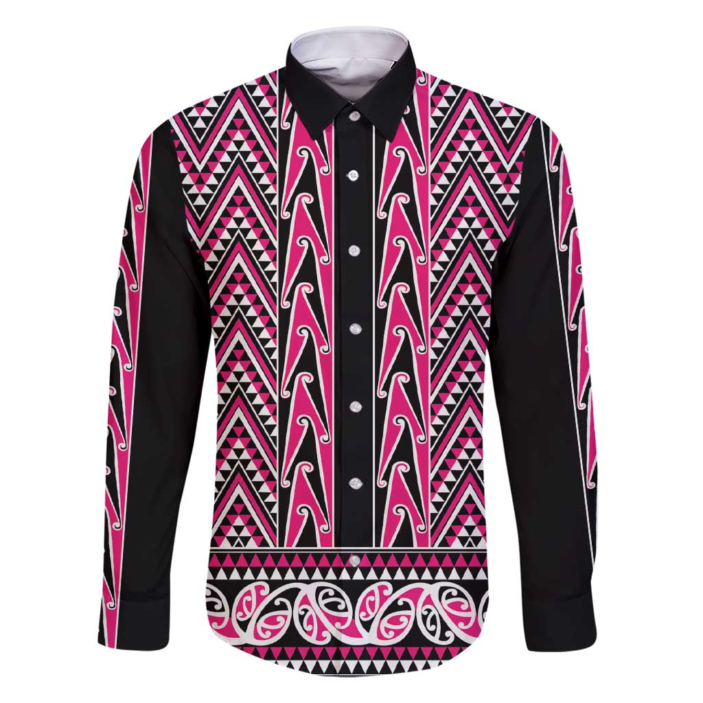 New Zealand Maori Niho Taniwha Family Matching Short Sleeve Bodycon Dress and Hawaiian Shirt Mawhero Mangopare and Puhoro Pattern LT9 Dad's Shirt - Long Sleeve Pink - Polynesian Pride