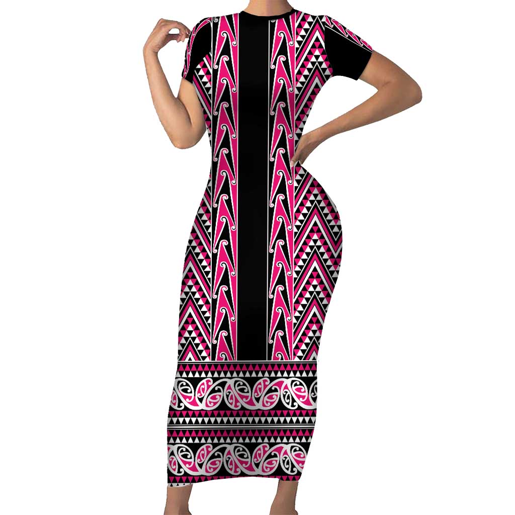 New Zealand Maori Niho Taniwha Family Matching Short Sleeve Bodycon Dress and Hawaiian Shirt Mawhero Mangopare and Puhoro Pattern LT9 Mom's Dress Pink - Polynesian Pride
