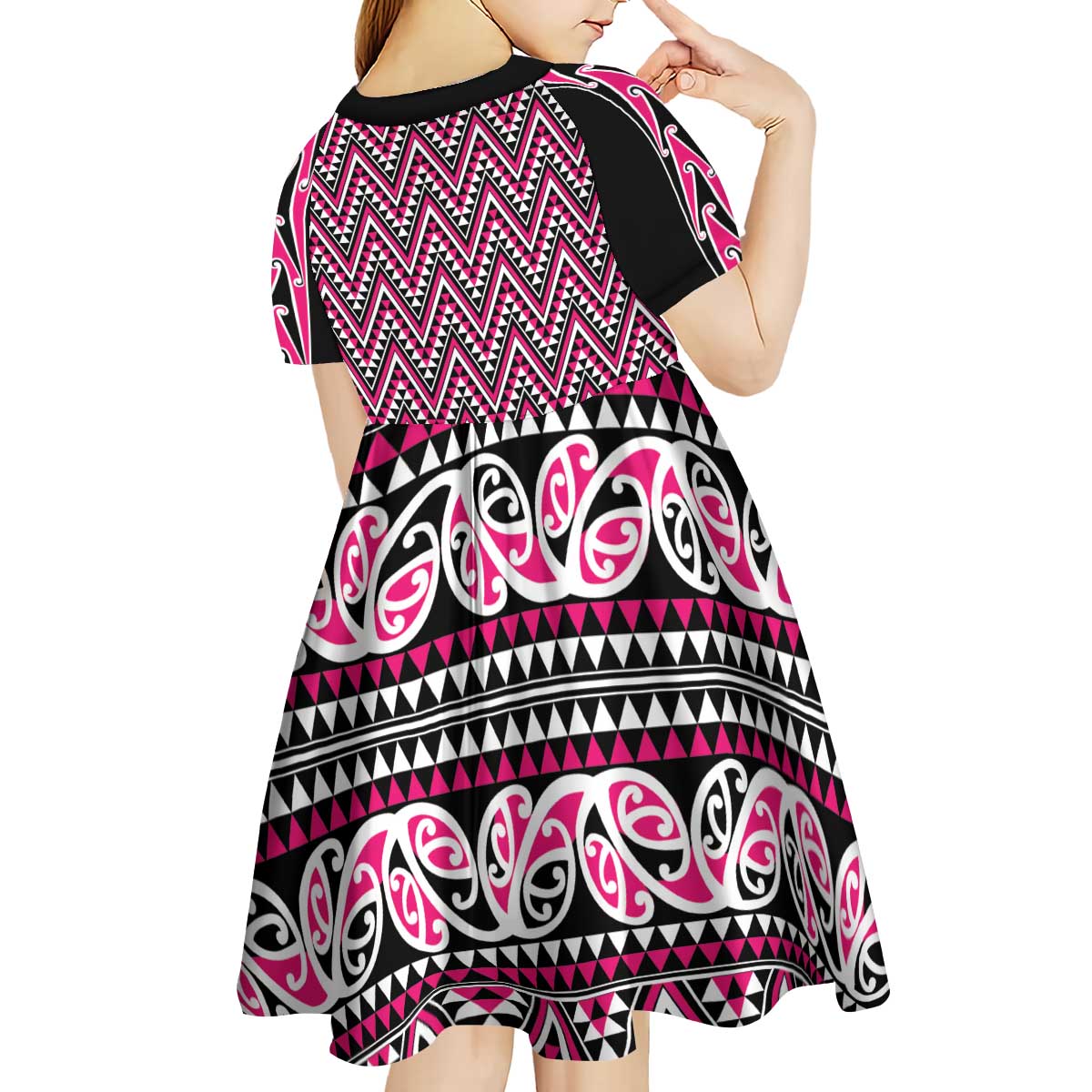 New Zealand Maori Niho Taniwha Kid Short Sleeve Dress Mawhero Mangopare and Puhoro Pattern