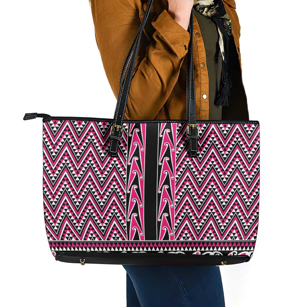 New Zealand Maori Niho Taniwha Leather Tote Bag Mawhero Mangopare and Puhoro Pattern
