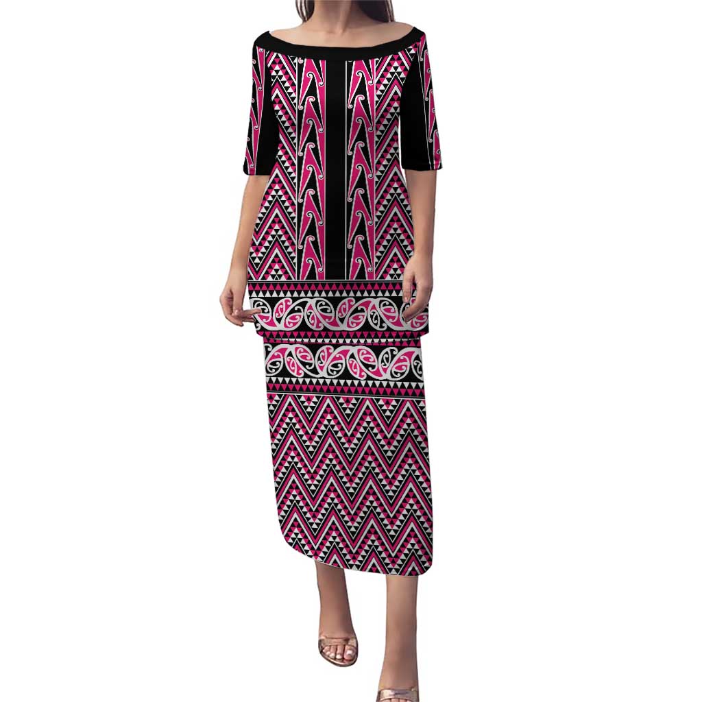 New Zealand Maori Niho Taniwha Puletasi Mawhero Mangopare and Puhoro Pattern LT9 Long Dress Pink - Polynesian Pride