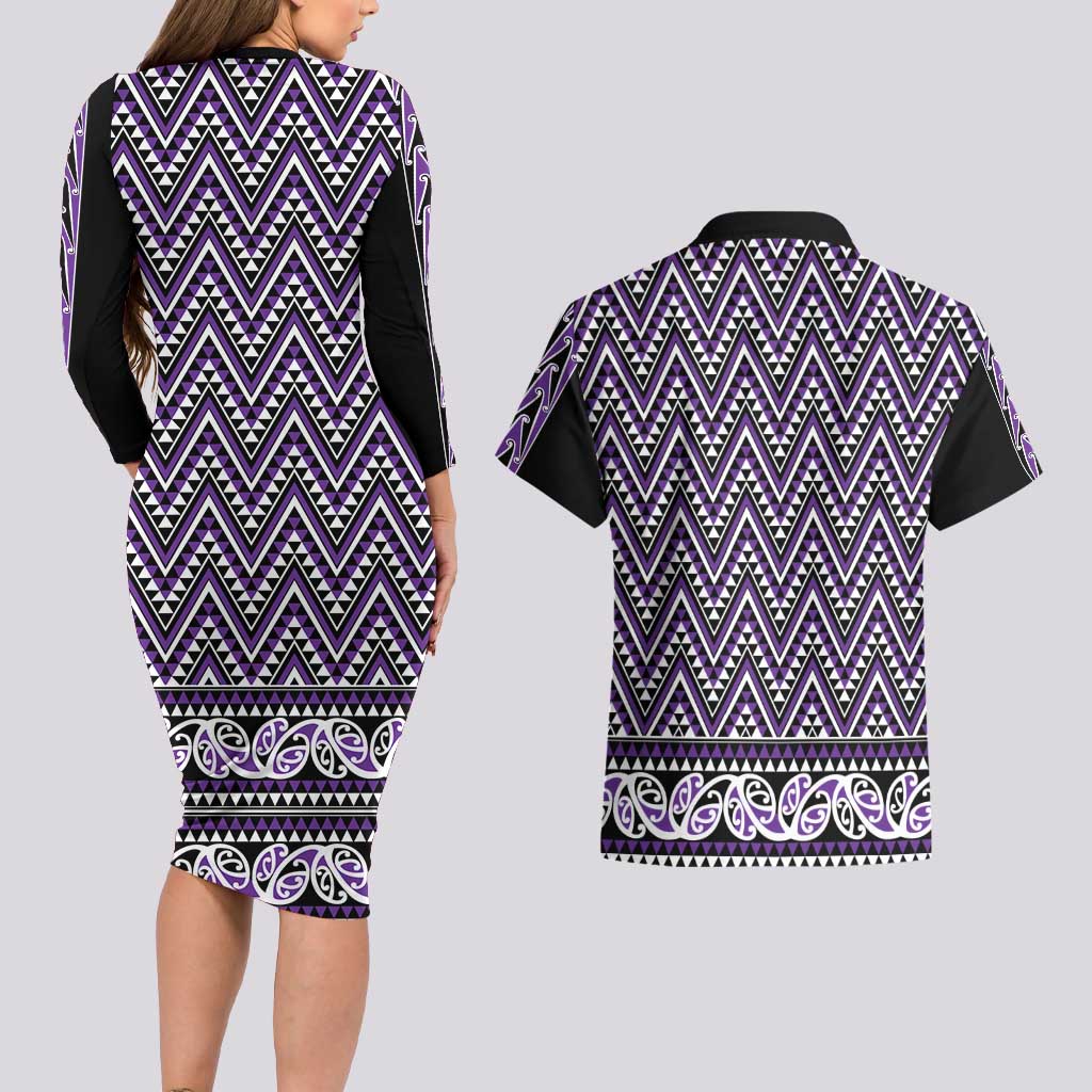 New Zealand Maori Niho Taniwha Couples Matching Long Sleeve Bodycon Dress and Hawaiian Shirt Waiporopo Mangopare and Puhoro Pattern LT9 - Polynesian Pride